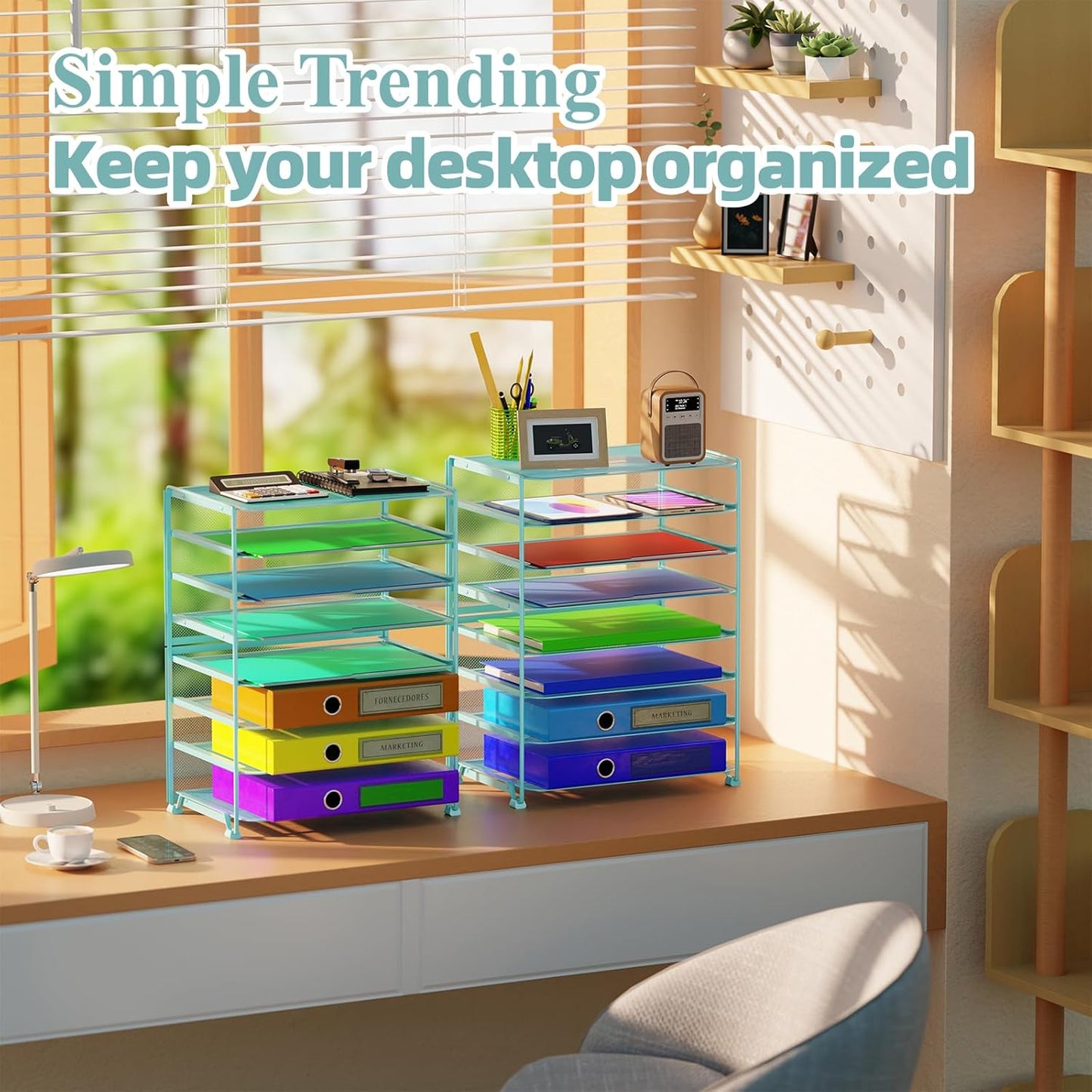 Simple Trending 2 Pack 8 Tier Letter Tray Paper - Mesh Desk File Organizer for Office School Desktop, Blue
