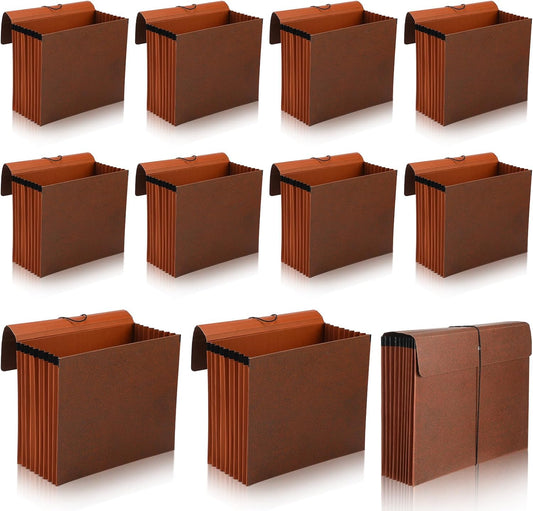 PerKoop 10 Pcs Expanding File Folder with Flap 7 Inch Expansion Expanding File Wallet with Elastic Cord Closure Letter Size Heavy Duty Document Organizer, 10 Slots, Brown