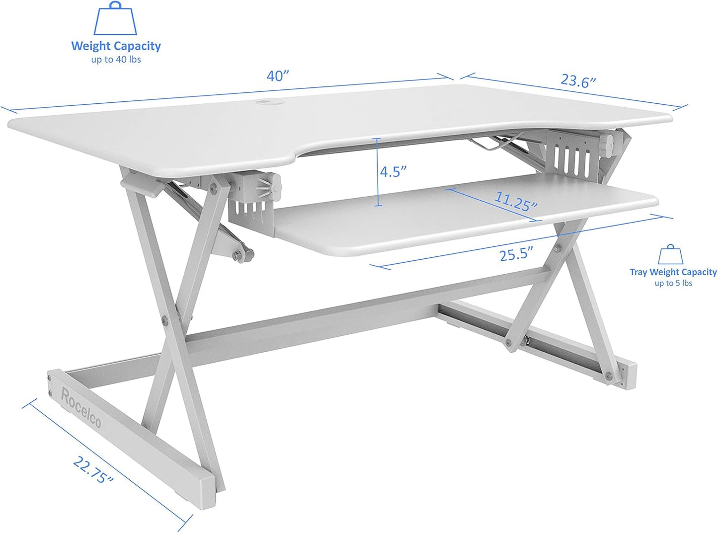 Rocelco 40" Large Height Adjustable Standing Desk Converter with Dual Monitor Mount BUNDLE - Quick Sit Stand Up Computer Workstation Riser - Retractable Keyboard Tray - White (R DADRW-40-DM2)