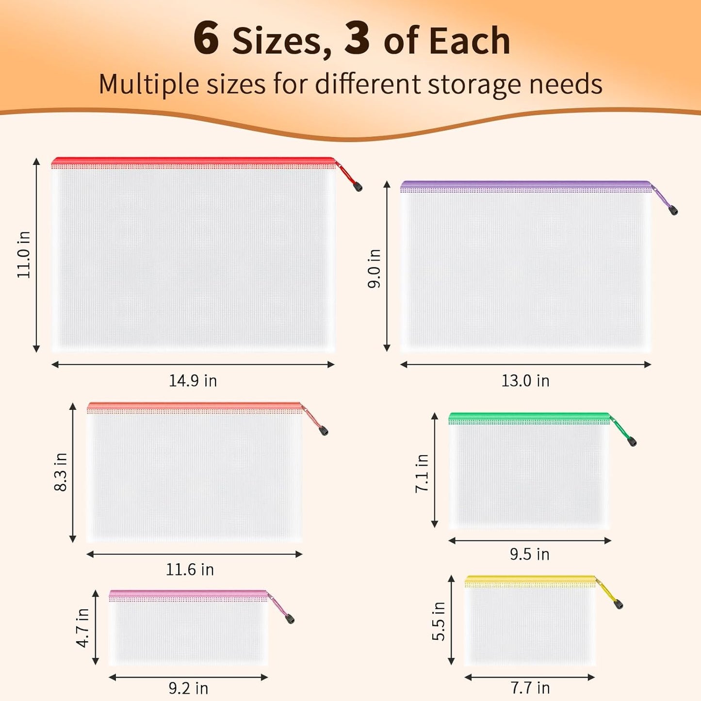 Umriox Zipper Mesh Document Pouch, 6 Assorted Size (6 Colors, 18 Packs), Clear Zipper Pouches, Waterproof Zipper Pouches for Craft Projects Office Supplies Cosmetics Travel Storage