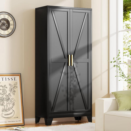 71H Tall Metal Storage Cabinet with 2 Doors and 5 Shelves,Farmhouse Storage Cabinet with Barn Doors,Pantry Storage for Home,Office,Bathroom,Dining Room,Kitchen(Black)