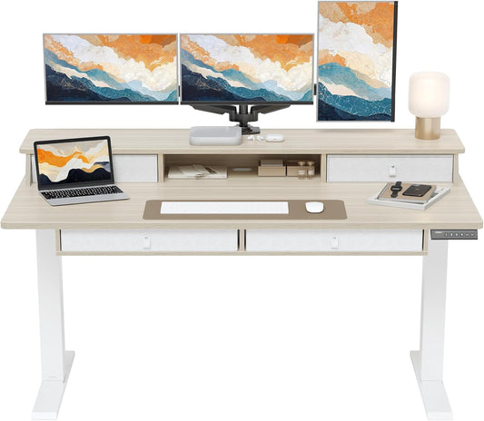 ErGear Electric Standing Desk with 4 Drawers, 55" x 30" Height Adjustable Desk with Storage, C-Clamp Mount Compatible, Computer Home Office Table with Cable Management Tray, Natural