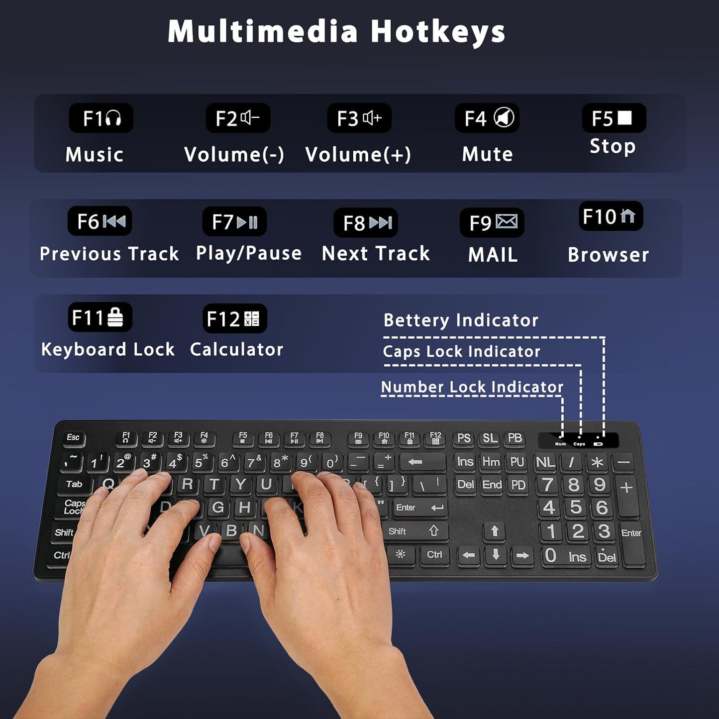 Large Print Backlit Wireless Keyboard, 2.4G Silent Wireless Light Up Keyboard, Full Size Computer Keyboards with 7 Colored Backlits, Rechargeable Keyboards for Windows, PC, Laptop