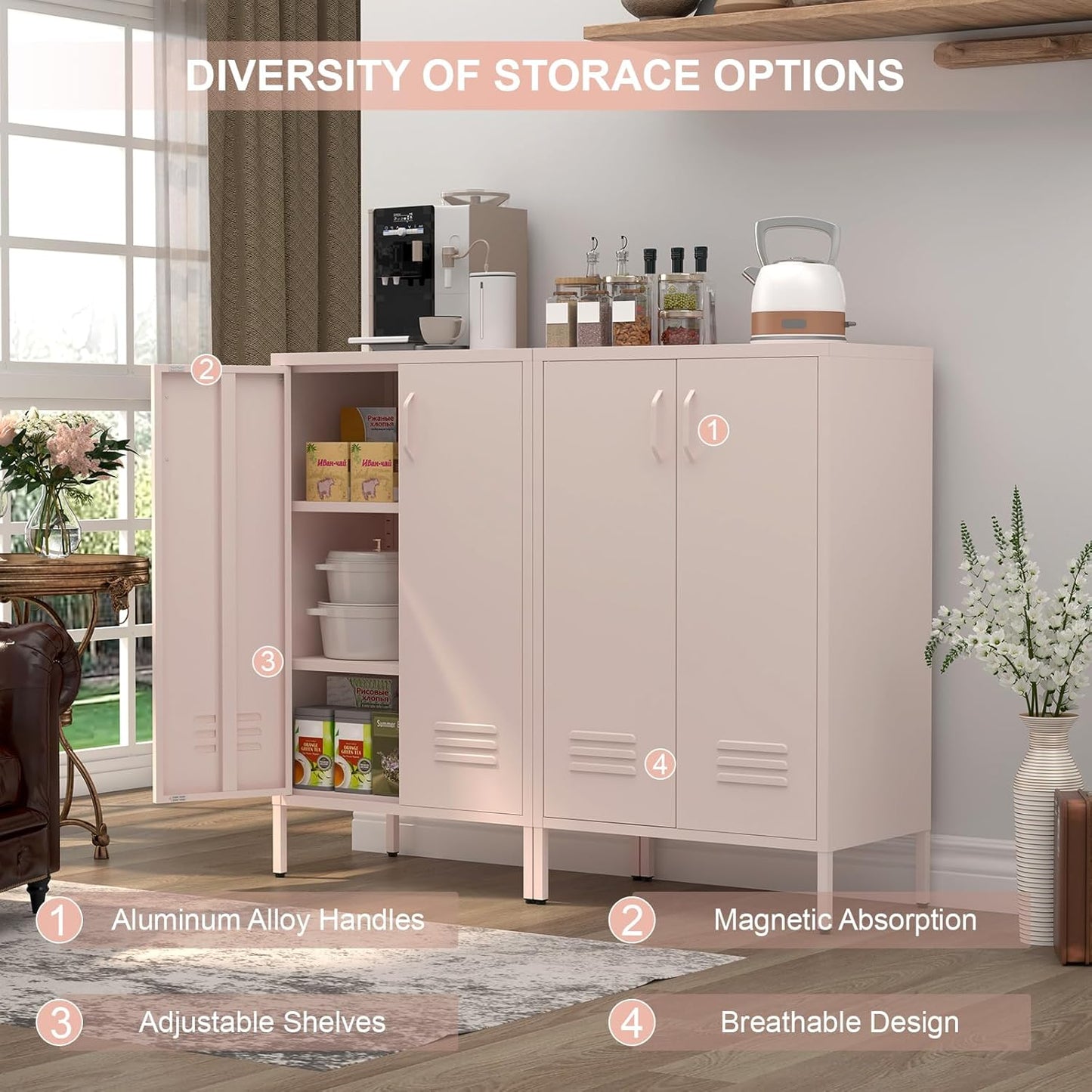 Storage Cabinet,2 Doors Locker Cabinet with Legs,Entryway Cabinet with Adjustable Shelves,Metal Locker Storage Cabinets for Office,Classroom,Bedroom,Pink