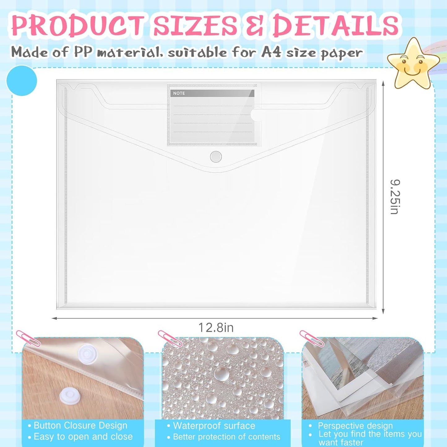 Zhehao 100 Pcs Clear Envelopes with Snap Button Closure A4 Letter Size Plastic Envelope Folder Poly Document File Folders for Home Office(Clear,Pocket Style)