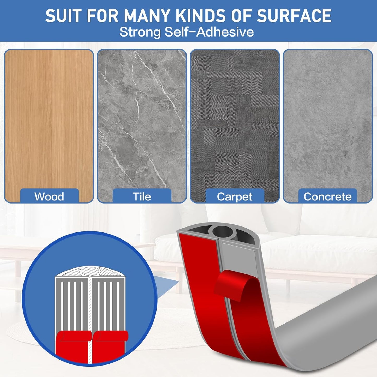 Floor Cord Cover Self Adhesive Cord Hider Floor Extension Cord Covers for Floor Power Cord Protector Cable Management Prevent Cable Trips Cable Cavity 0.32" W x 0.32" H (Grey, 10Ft)