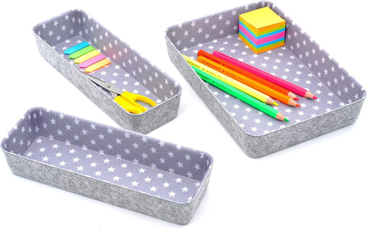 Welaxy Desk Drawer Organizer Bins with Modern Pattern Home Office Storage Bin Sturdy Small Sharrow Cozy Cubby Organize Box Gifts idea 3-Piece (Star)