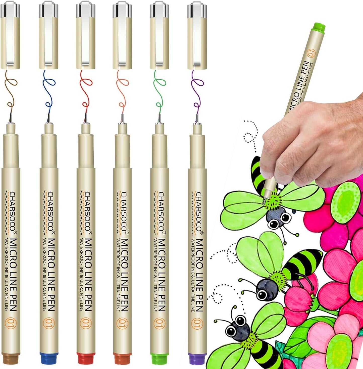 01 Micro Pen, Fine Point Pen with 6 Colors, Waterproof Archival Ink, 0.25mm Fineliner Ink Pens for Artist Illustration, Sketching, Anime, Manga, Technical Drawing and Scrapbooking
