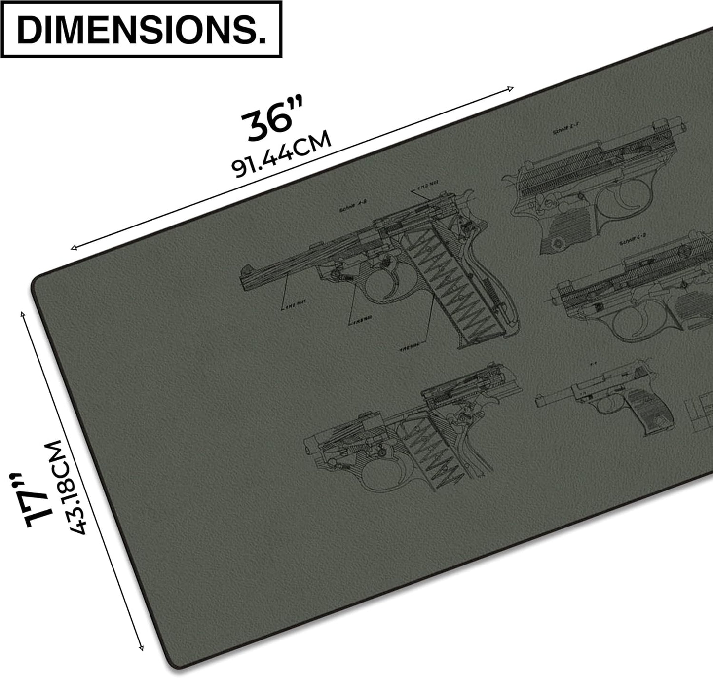 MPCO. Blueprints Large Gaming Desk Pad - 36" x 17" Duraglyde Fabric Pistol 38 – Green Desk Mats - Non-Slip, Washable, Smooth Glide for Precision Gaming & Work