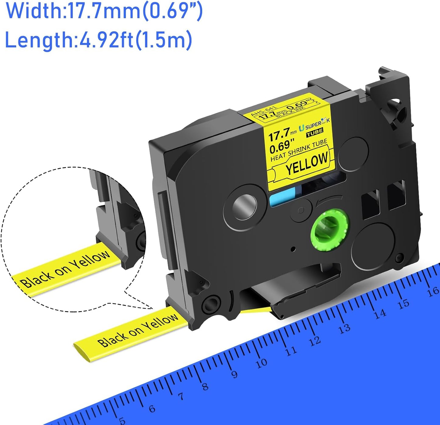 10PK Compatible for Ptouch HSe-641 HSe641 HS-641 HS641 Black on Yellow 17.7mm 0.69'' Heat Shrink Tubing for Wire Cable for PT9200dx PT9400 PT9500pc PT9600 Label Maker Tape