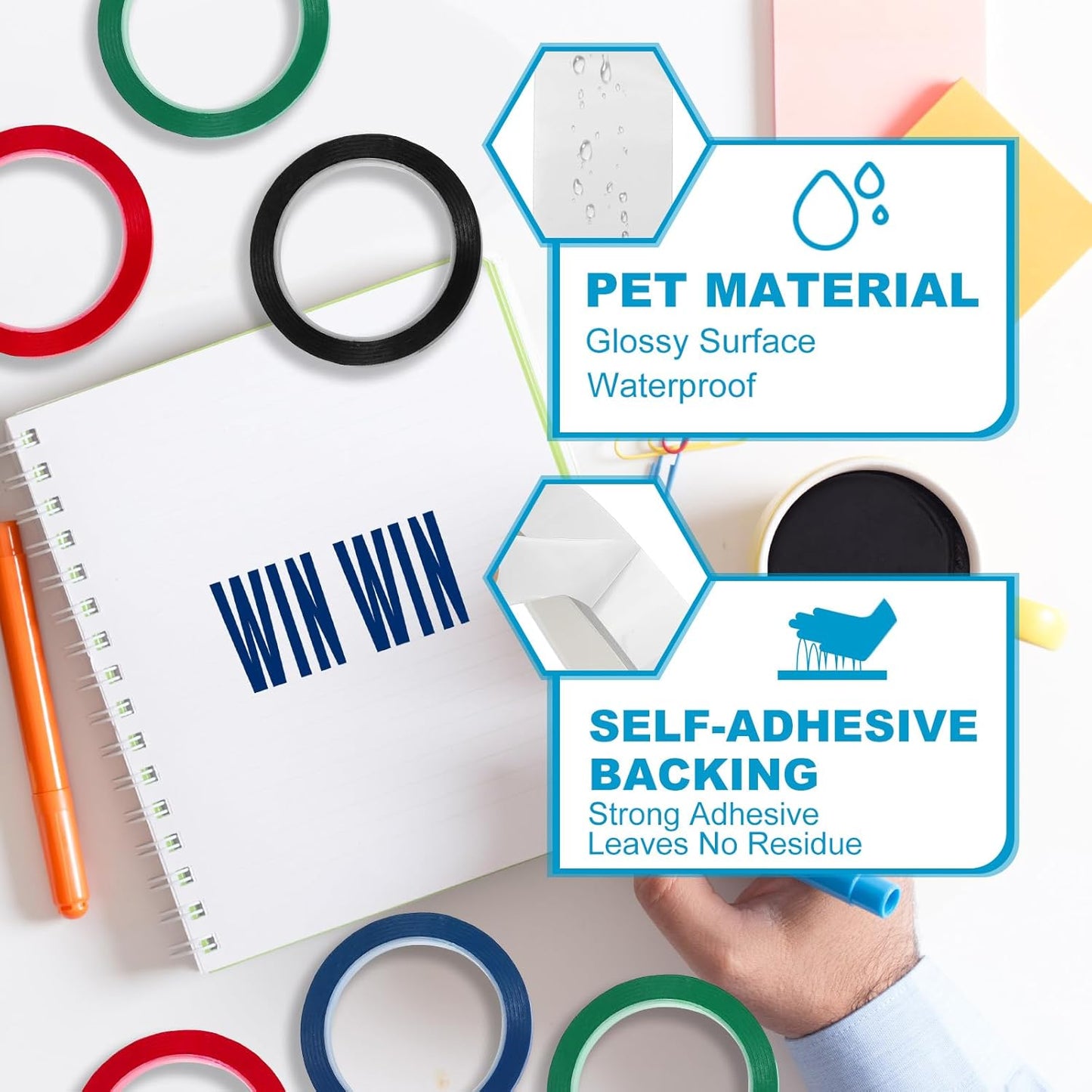 MECCANIXITY Whiteboard Tape 3/4" x 72 Yard Pinstripe Graphic Chart Line Grid Marking Tapes for Classroom Office Dry Erase Board Art, White, Pack of 3