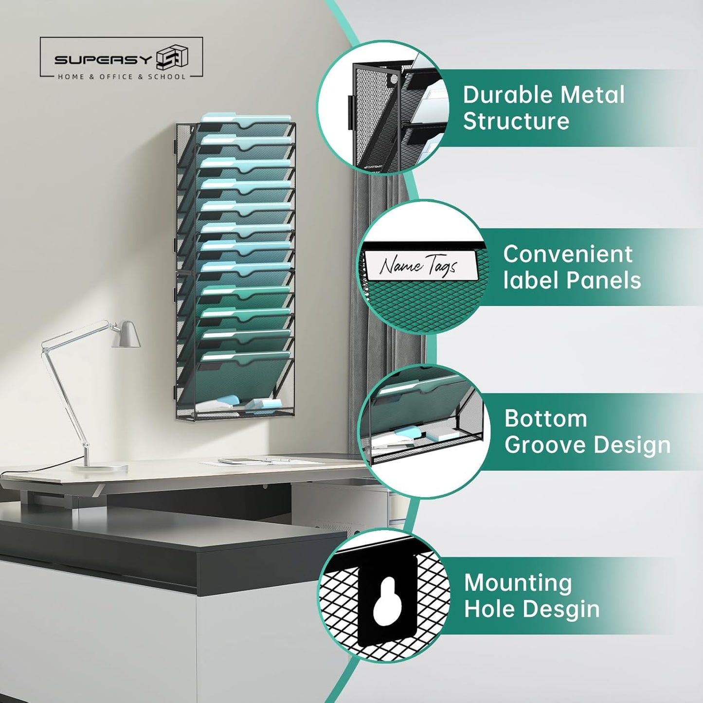 SUPEASY 13-Tier Wall File Organizer, Hanging Wall Files for Papers, Folders, Magazines, Wall Organizer for Clipboard, Assembly Needed, Black