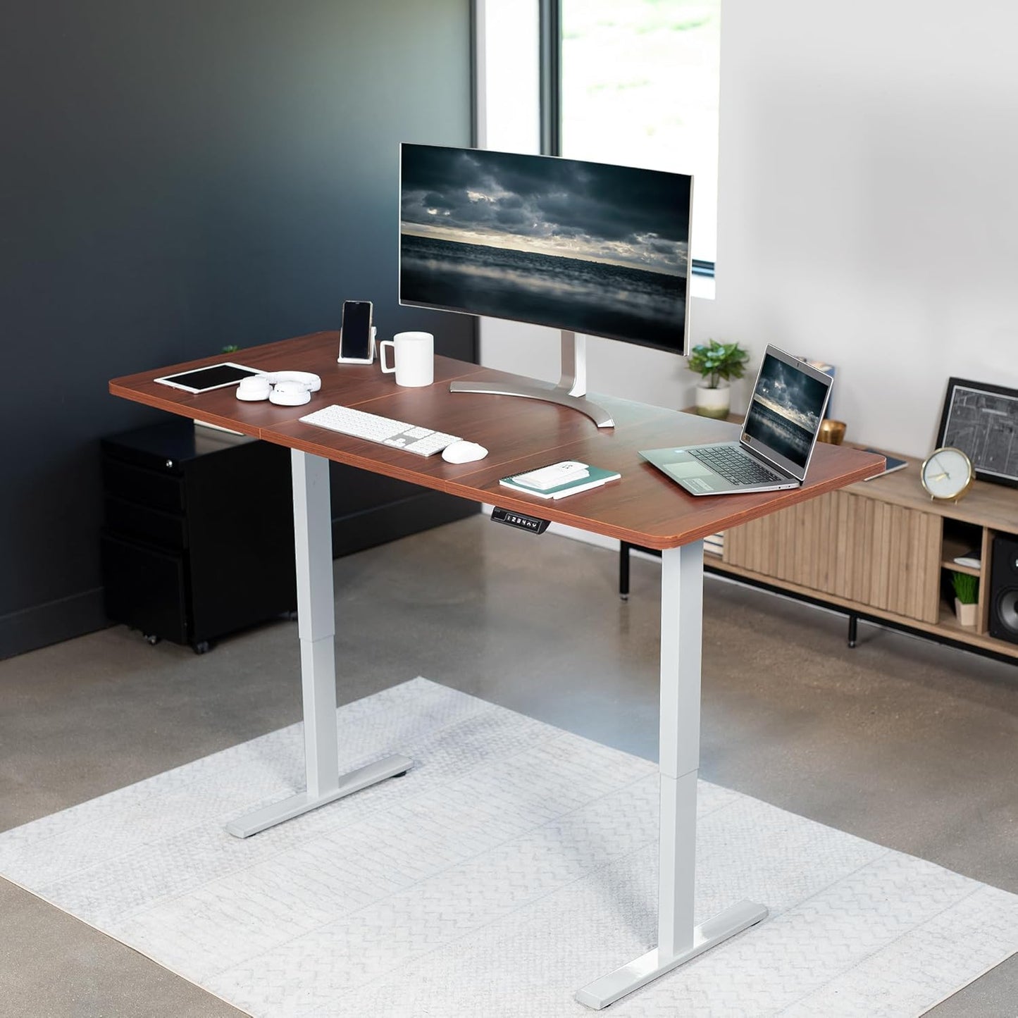 VIVO Electric 71 x 30 in Standing Desk, Memory Height Adjustment, 1B Series, Dark Walnut Top Gray Frame, DESK-KIT-1G7D
