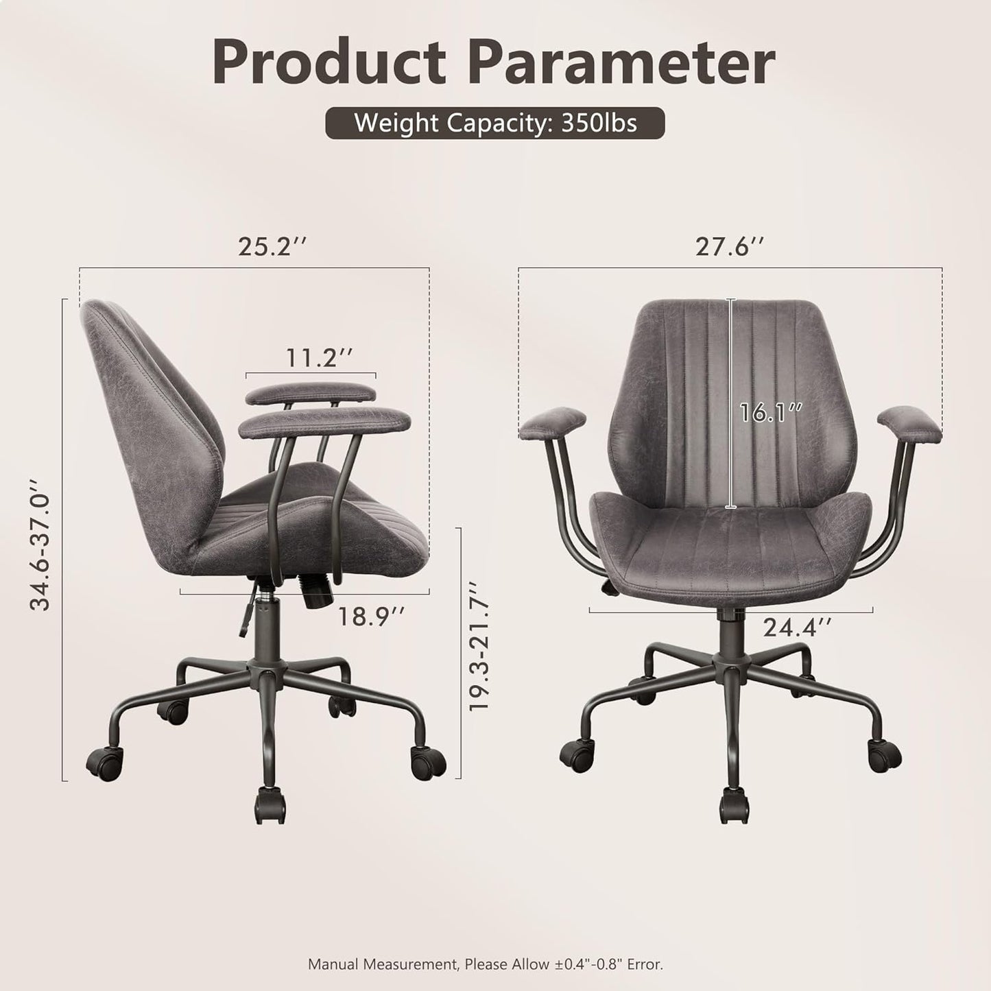 Mid Century Modren Office Chair - Mid Back Swivel Executive Chair with Lumbar Support,Ergonomic Computer Desk Chair with Wheels,Faux Lether Suede Task Chair,350lbs (Grey, Mid Back)