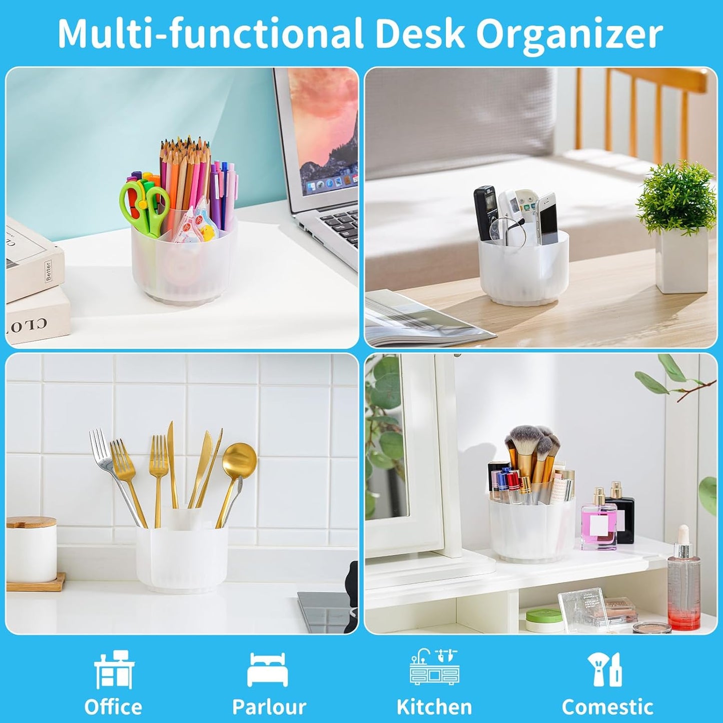 Marbrasse Desk Organizer, 360-Degree Rotating Pen Pencil Holder, Desk Organizers and Accessories with 5 Compartments Pencil Holder, Art Supply Storage Box Caddy (Translucent)