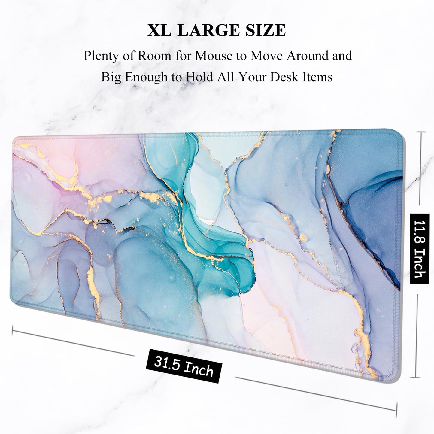 Auhoahsil Large Mouse Pad, XXL Gaming Mousepad, Desk Mat for Desktop, Thick Rubber, Big & Long Size, Stitched Edges, Full Desk Pad for Laptop & Computer, Extended 31.5 x 11.8 in, Blue Pink Marble