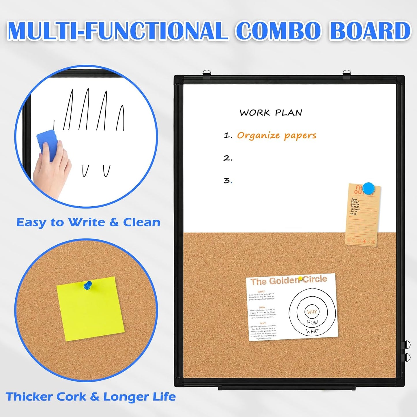 [24" x 18"] WALGLASS Dry Erase and Bulletin Boards Combo, Magnetic White Board Cork Board for Wall, Whiteboard & Corkboard Combination with Aluminum Frame, for Home, Classroom, Office