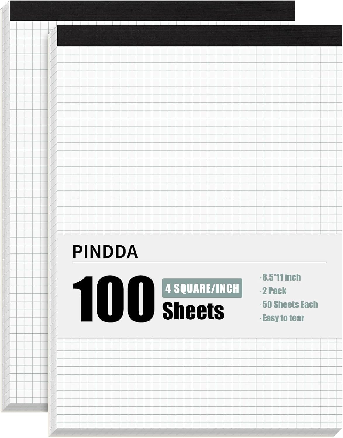 Graph Paper Notebook, 2 Pack, 8.5 x 11 Grid Paper, 4x4 Graph Ruled, 50 Sheets per Pad, Easy-Tear Perforations, 8.5 x 11 Cardboard Backing, for Math, Drafting, Drawing, Engineering