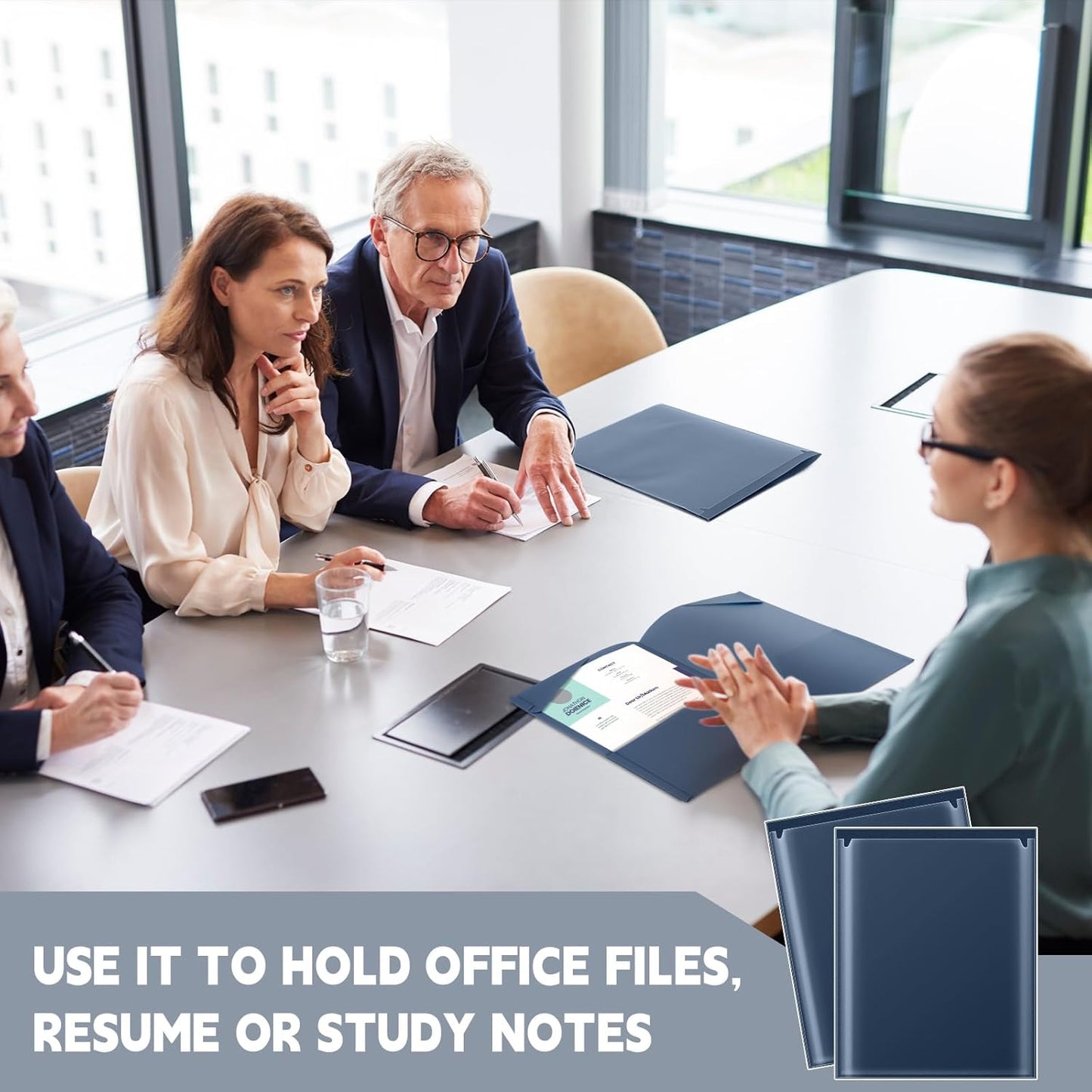 Henoyso 60 Pcs Plastic Folders with Clear Front Pockets Heavy Duty File Folders with 2 Pockets and Card Slot for Student Communication School Office (Navy Blue)