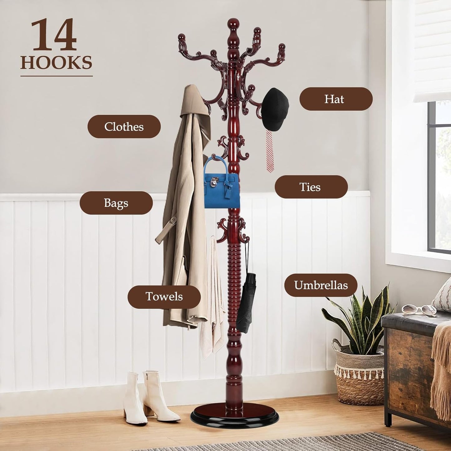 Wood Coat Rack Freestanding, Natural Coats Tree Stand with 14 Hooks, 73" Sturdy and Easy Assembly Coat Rack Stand for Entryway, Hallway, Bedroom, Bags, Hats (Heavy-duty Disc Base, Rosewood)