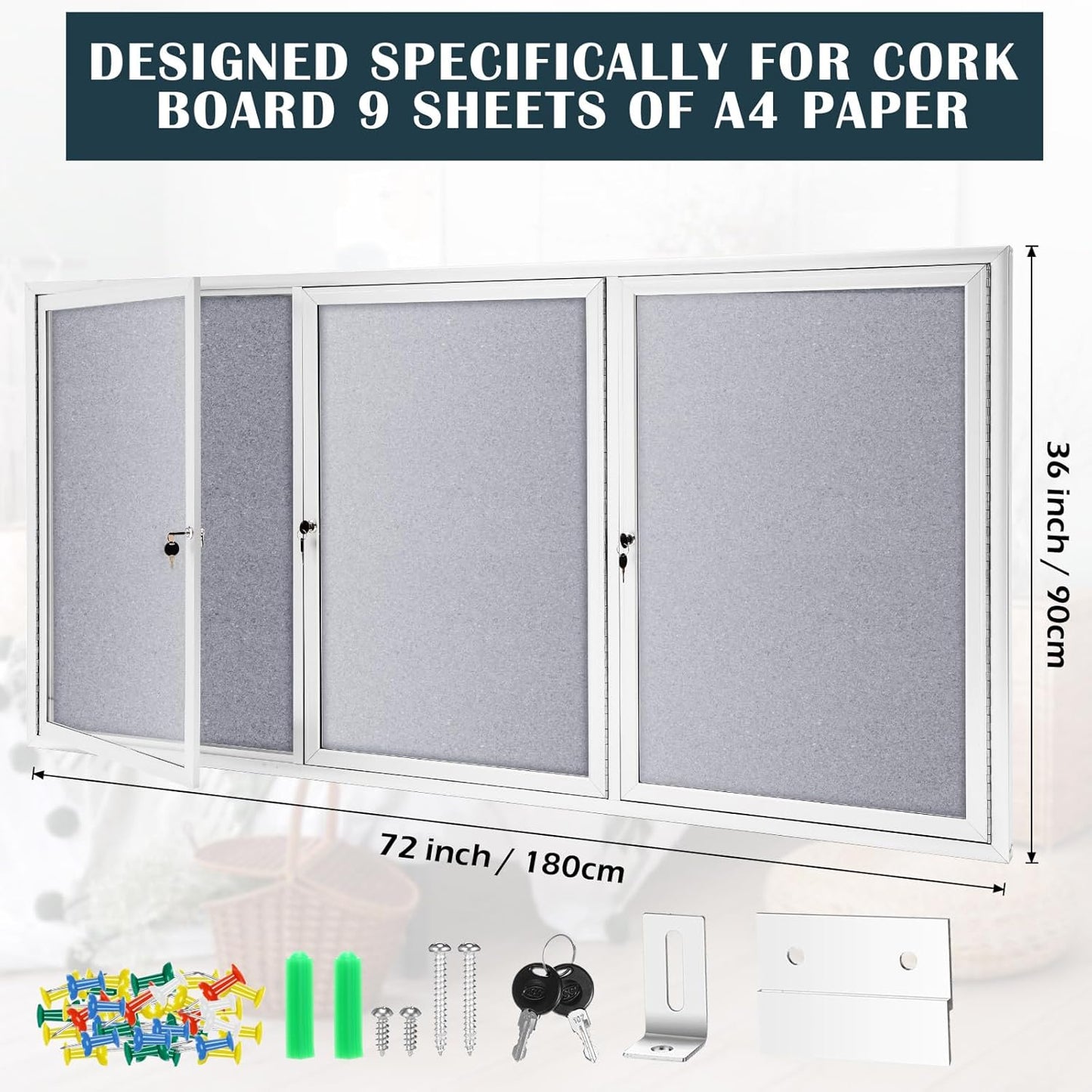 72" x 36" Enclosed Bulletin Board Outdoor 3 Door Weatherproof Tamper-Proof Enclosed Cork Board with Lock Aluminum Frame Display Case for Back to School, Office Commercial, 18xA4(Gray)