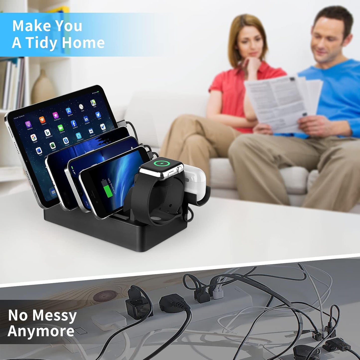 Multiple Charging Station Charger Station - Presents for Him Her Charging Station for Multiple Devices, 6 Ports USB Charging Dock for Phone|Earhead|Watch Stand, Fast Docking Station