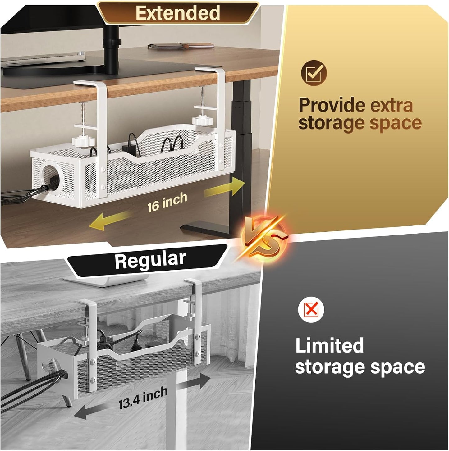 [Upgraded] Under Desk Cable Management Large, Cinati 16" Cable Management Box for Table Thickness up to 3", Wire Cord Organizer with Clamp No Drill, No Damage to Desk (White)