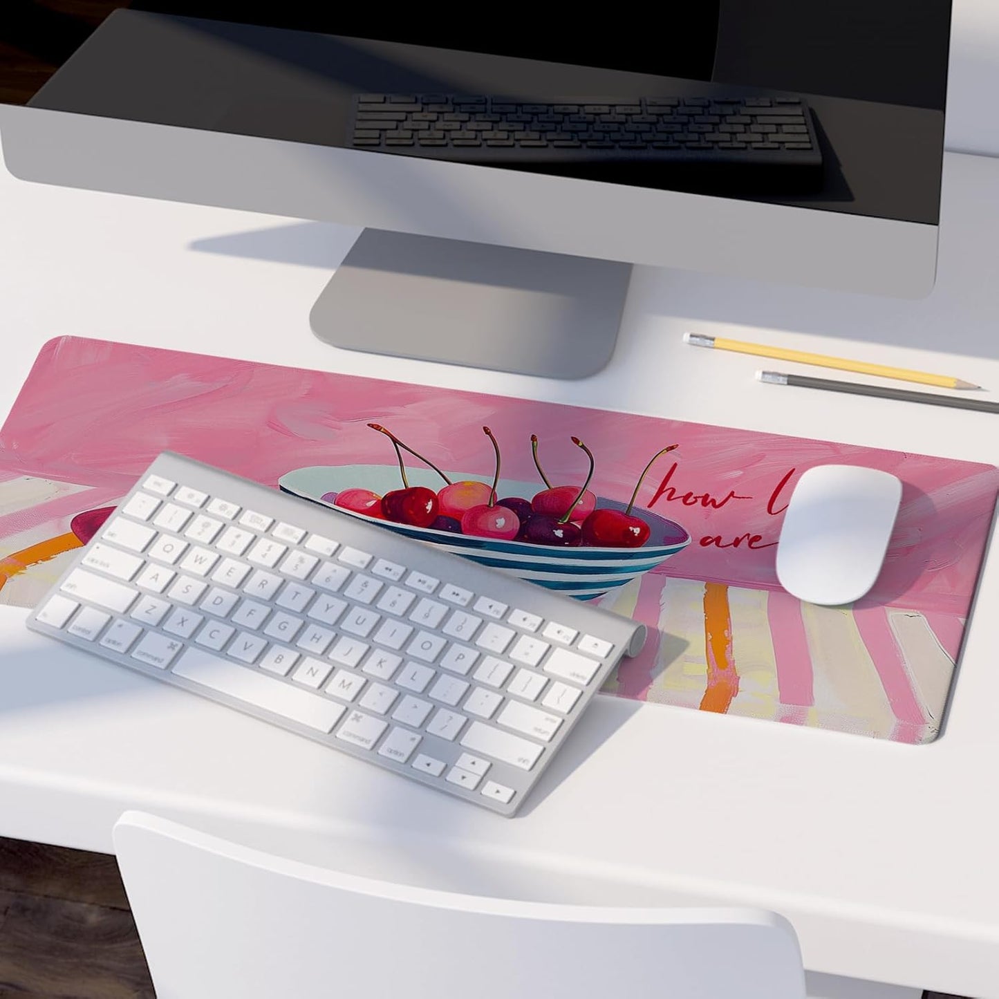 Pink Cherry Mouse Pads,Fun Girly Offices Decor Desk Mat,Pink Preppy Desk Mat,How Luck XL Large Mouse Pad,Fun Office Accessories Decor for Women Home Office Dorm 31.5x11.8Inch