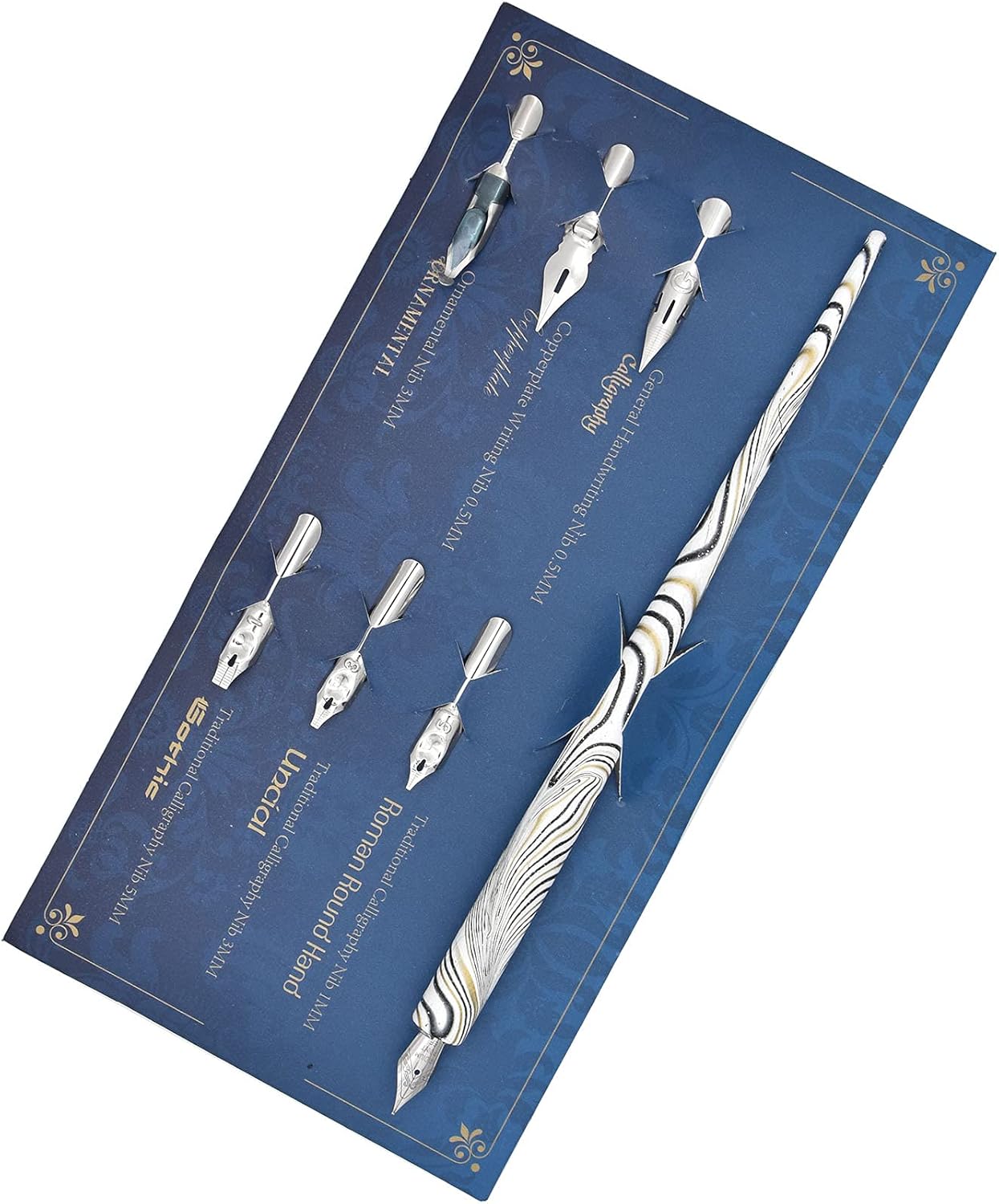 Gullor Wooden Dip Pen Calligraphy Set with Black Ink & 6 Nibs for Beginners, Kids, Writing, Signatures and Drawing, White