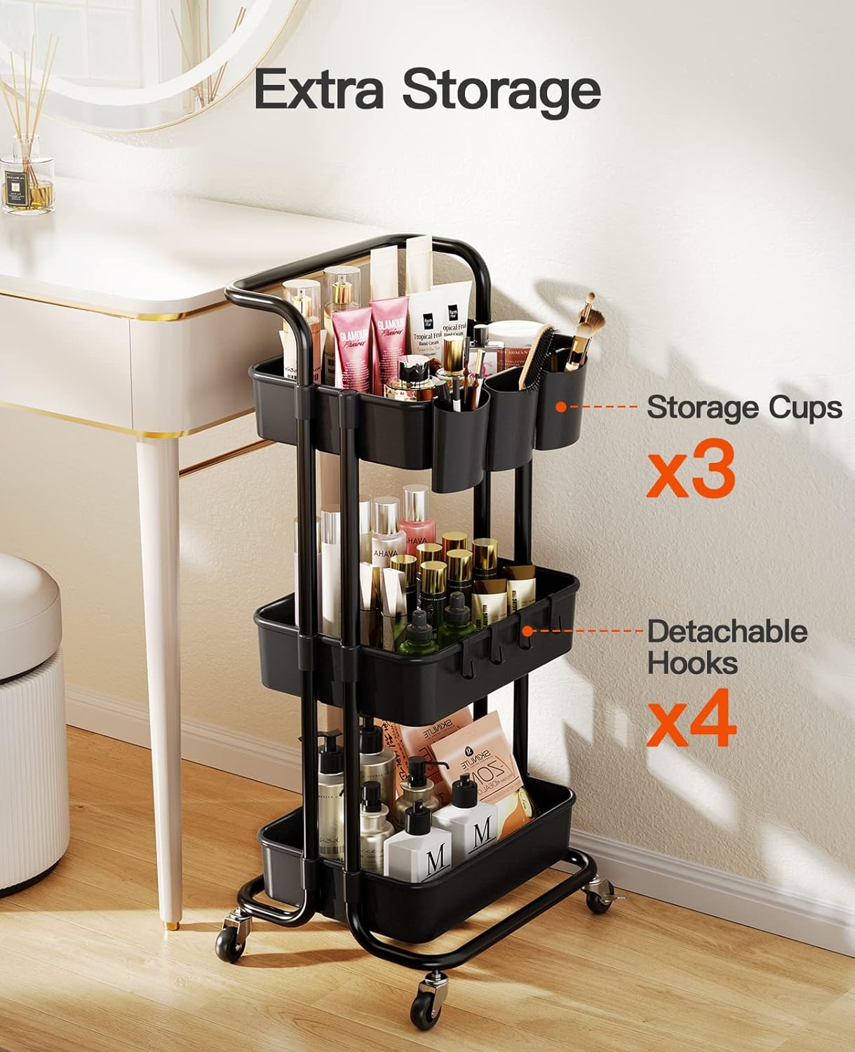 Pipishell 3 Tier Rolling Cart with Wheels - Metal Rolling Cart Organizer with 3 Hanging Cups & 4 Hooks - Art Carts Organizer for Office, Kitchen, Craft Room, Bedroom, Bathroom, Laundry Room (Black)