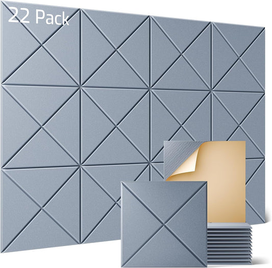 Sonicism 22 Pack X-Lined Acoustic Panels with Self-Adhesive, 12"X 12"X 0.4" Sound Proof Foam Panels, Decorative Soundproof Wall Panels, Sound Absorbing Tile for Home & Offices, Smoky Gray