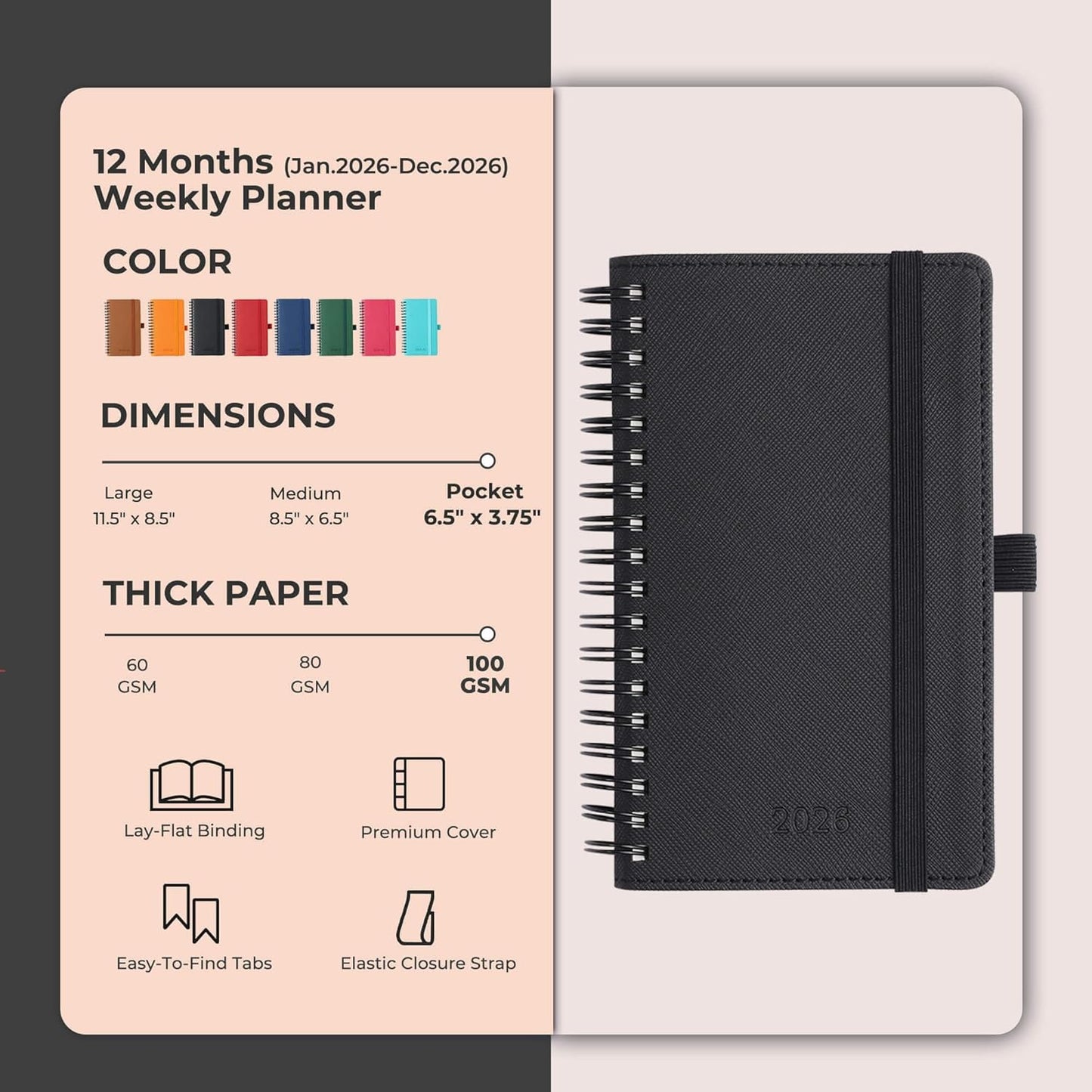 Planner 2026 Daily Weekly and Monthly,6.5"x3.75",12 Months Spiral Bound Calendar Agenda with Self-adhesive Pen Holder,2026 Appointment Book with Vegan Leather Soft Cover,Black