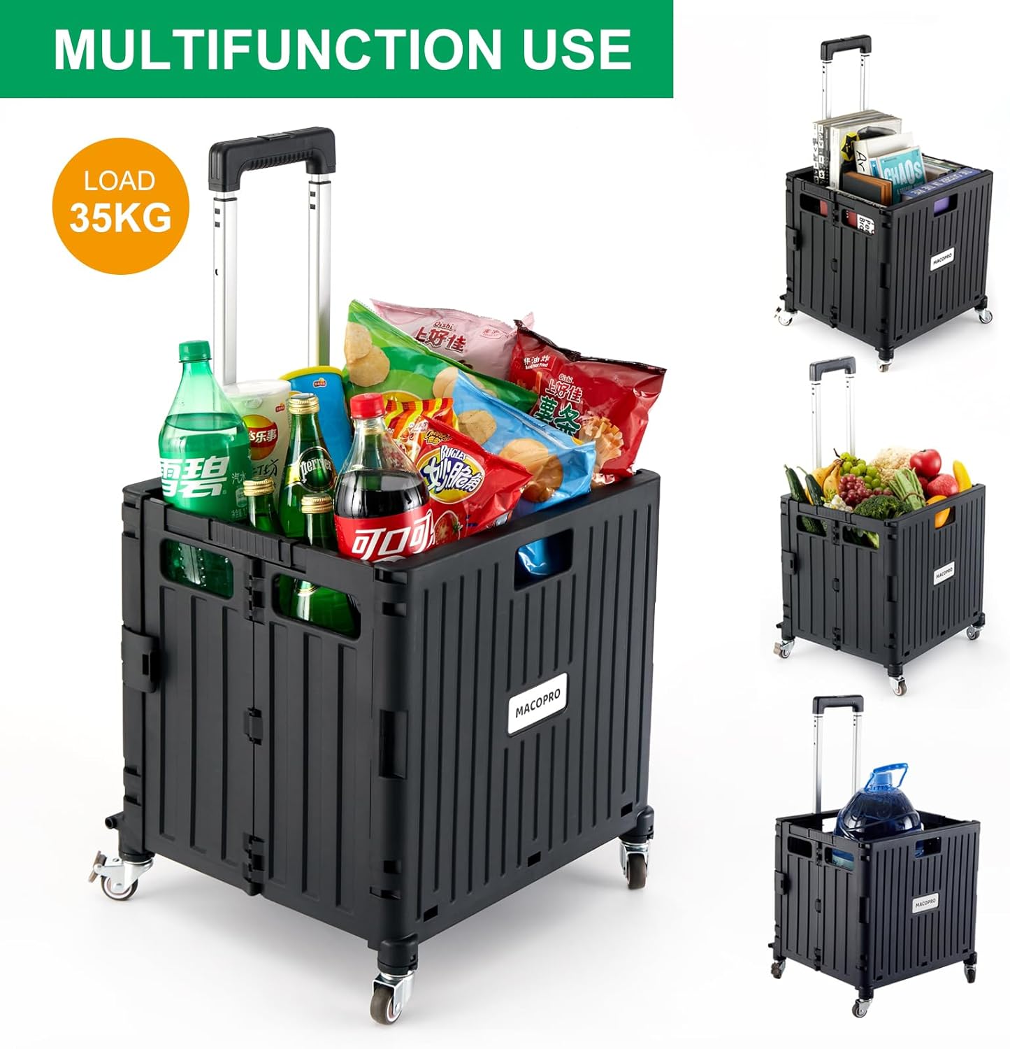 Folding Utility Cart Portable Rolling Crate Handcart Shopping Trolley Collapsible Tool Box, with Lid, Basket on 4 Rotate Wheels, for Grocery, Office, Luggage, Teacher (Black)