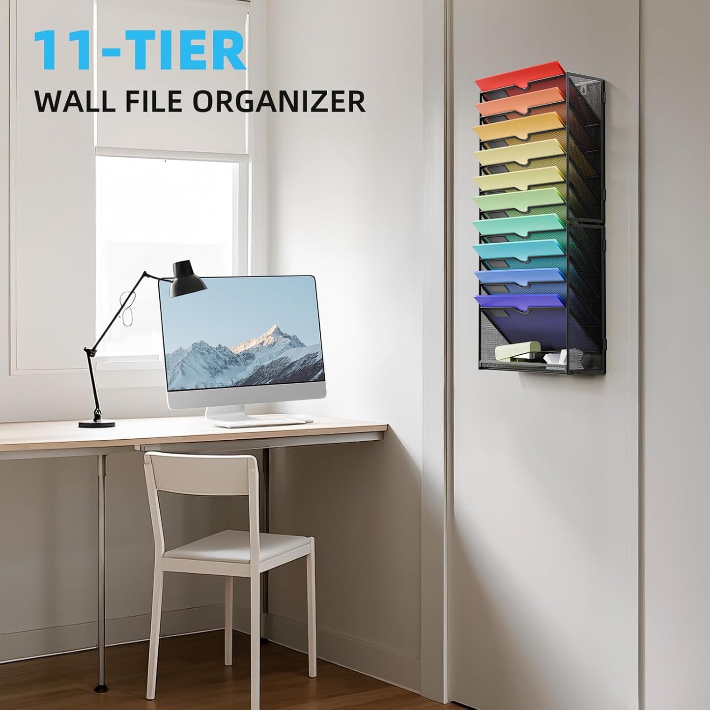 Marbrasse Wall File Holder 11-Tier Hanging Wall File Organizer, for Papers, Files Clipboard & Magazine Organizer, Wall Mount File Holder Great for Office Home (Black)