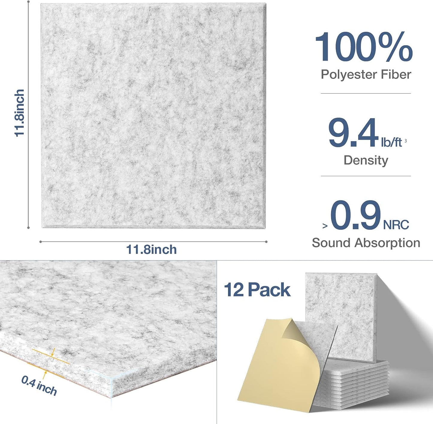 22 Pack Self Adhesive Acoustic Panels, 12" X 12" X 0.4" High Density Polyester Sound Proof Foam Panels for Walls, Soundproof Wall Panels for Home & Office (Sliver Gray)