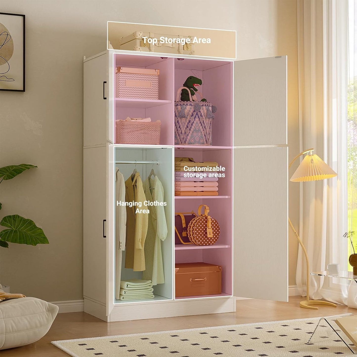 Unikito 71'' Farmhouse Wardrobe Closet with Hanging Rod, 4 Barn Door Clothing Storage Cabinet with Adjustable Shelves, Freestanding Wardrobe Cabinet for Bedroom, Living Room, Cloak Room, Office, White