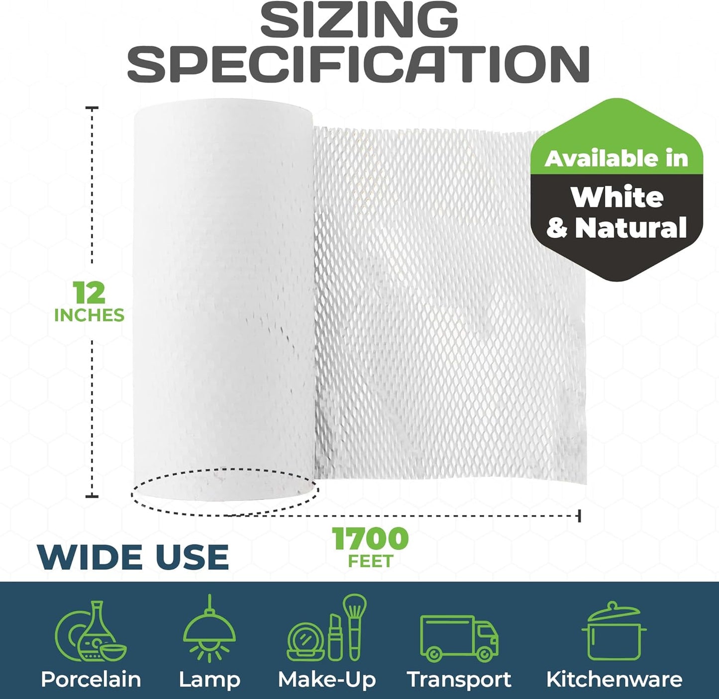 HexaFil Honeycomb Packing Paper - Eco-Friendly, Sustainable Filler for Shipping and Moving, Cushioned Packing Material in Dispenser Box, Alternative to Bubble Wrap - White, 12" x 1700'