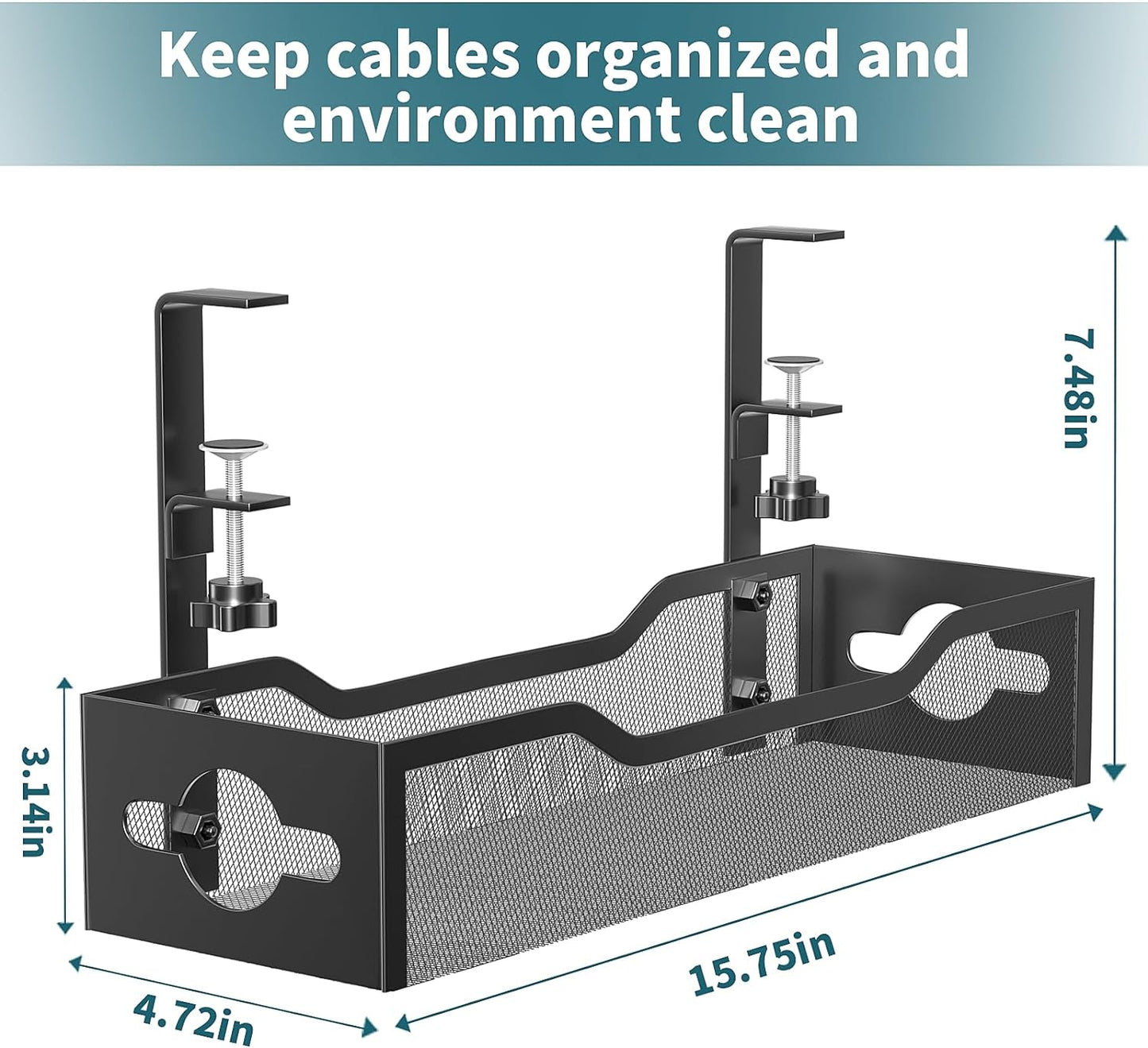 Under Desk Cable Management Tray Black, Litwaro Cable Management Under Desk No Drill, Cable Organizer with Clamp for Wire Management, Cord Organizer No Damage to Desk for Office, Home