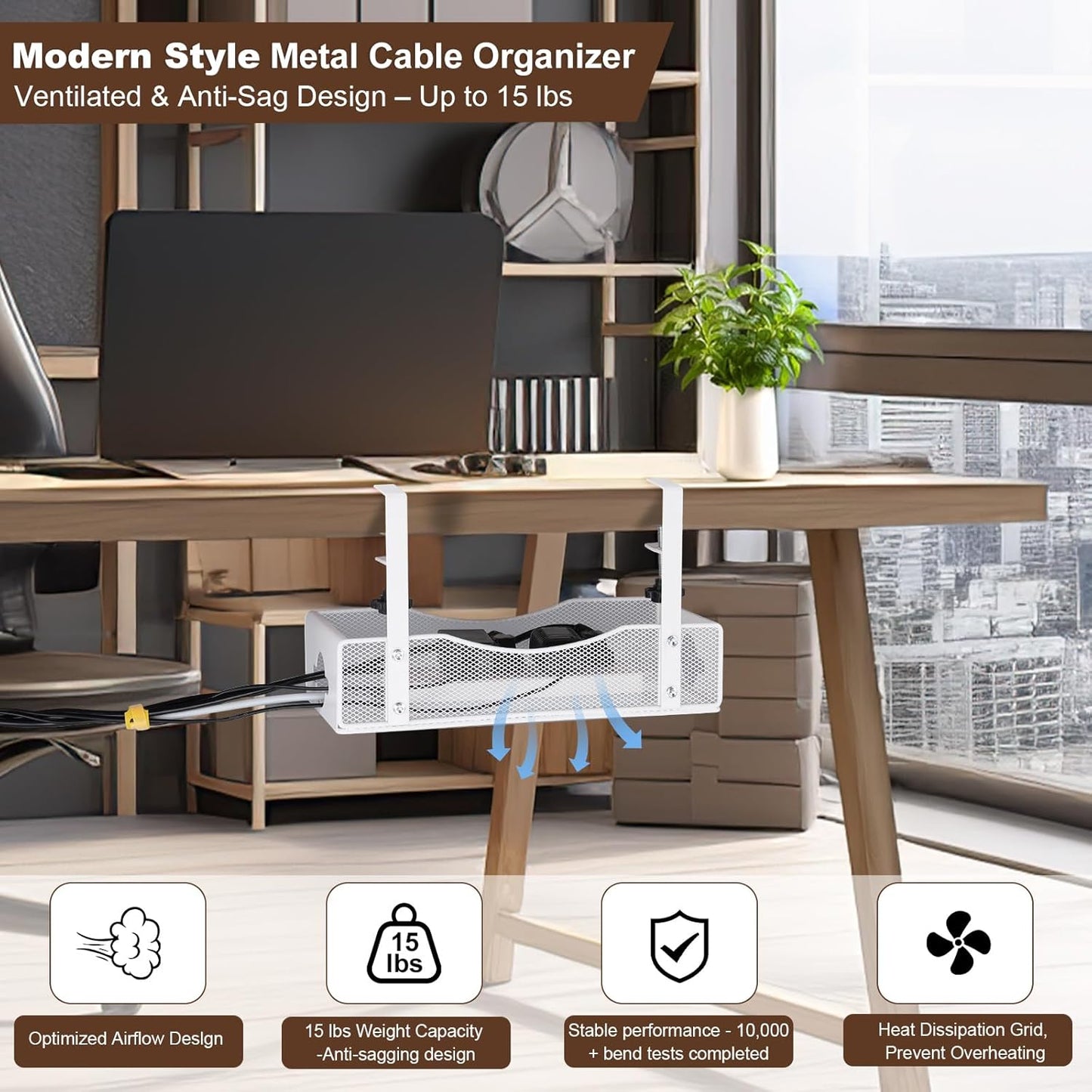 Extra Wide Under Desk Cable Management - No Drill Installation Cable Management Tray, Modern Cord Organizer for Office/Home Desk, Fits Power Strips & Wires