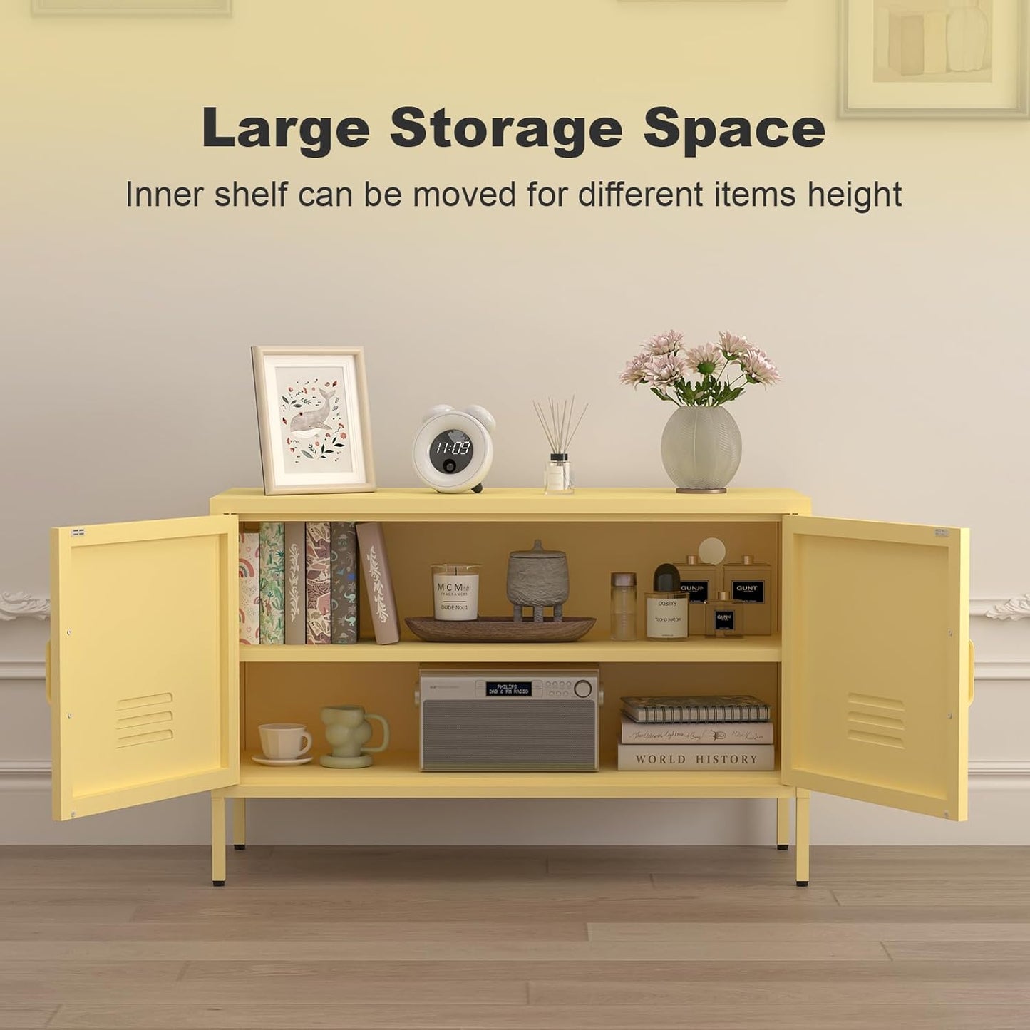 TV Cabinet,Metal Cabinet with Doors,Morden TV Stands for Bedroom,Accent Cabinets for Bedroom,Entryway,Yellow