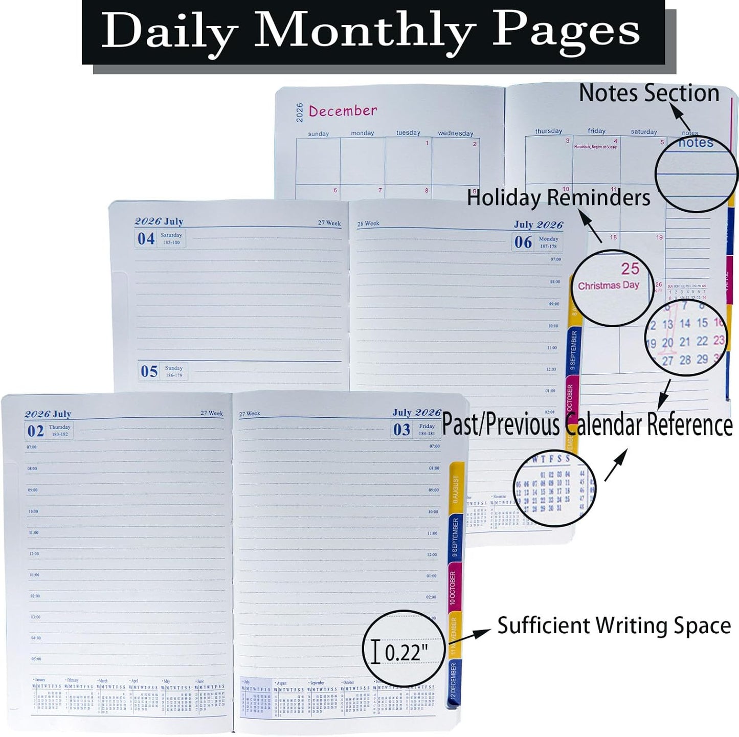 2026 Daily Monthly Planner - Calendar, January - December 2026, 100GSM Thick Paper, Leather Cover, Planner with Hourly Schedule,6.1" x 8.2", Daily Inside Page - Monthly Inside Page, Pen Holder, Bookmarks (Black)