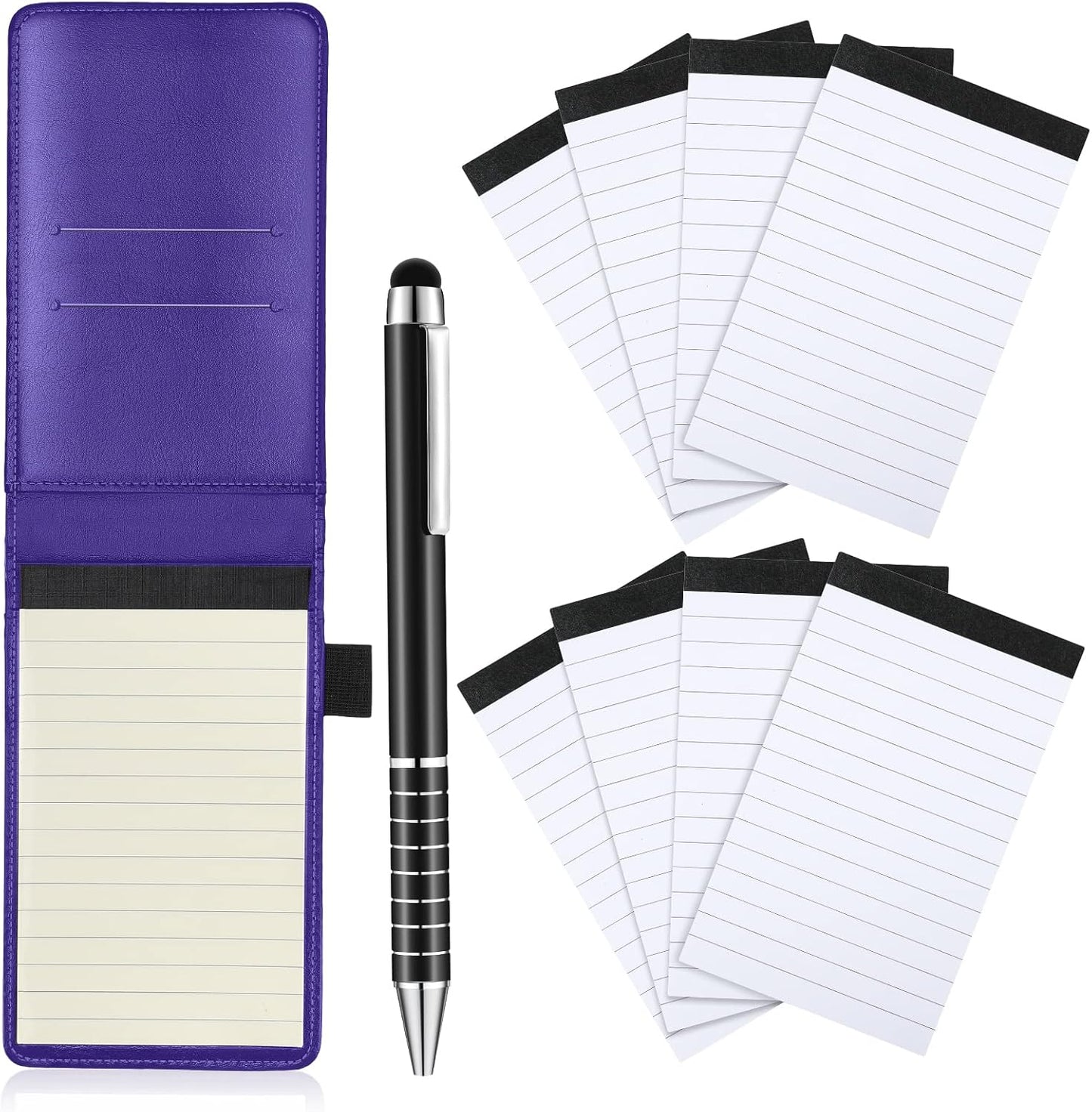 Outus 10 Pcs Pocket Notebook with Pen Set Included Mini Pocket Notepad Holder with 50 Lined Sheets, Metal Pen, 8 Pcs 3 x 5 Inch Memo Book Refills, 30 Lined Paper Per Note Pad (Purple)