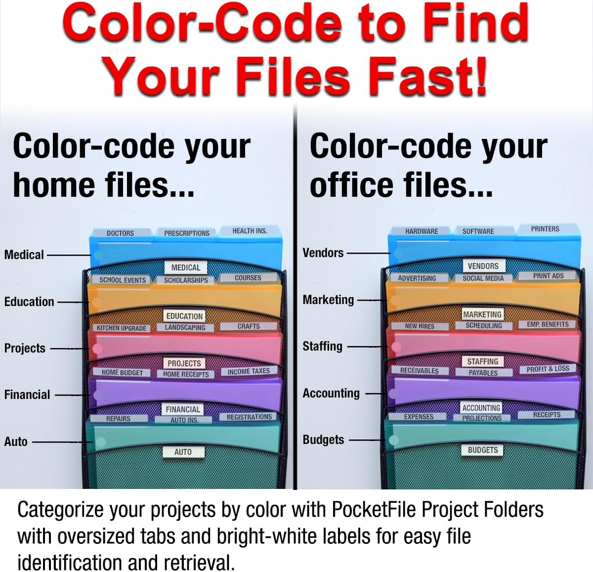Ultimate Office Mesh Wall File Organizer, 8 Tier Vertical Mount Hanging File Sorter. Multipurpose Display Rack Includes 18, 3rd Cut PocketFile Clear Document Folder Project Pockets (Black)