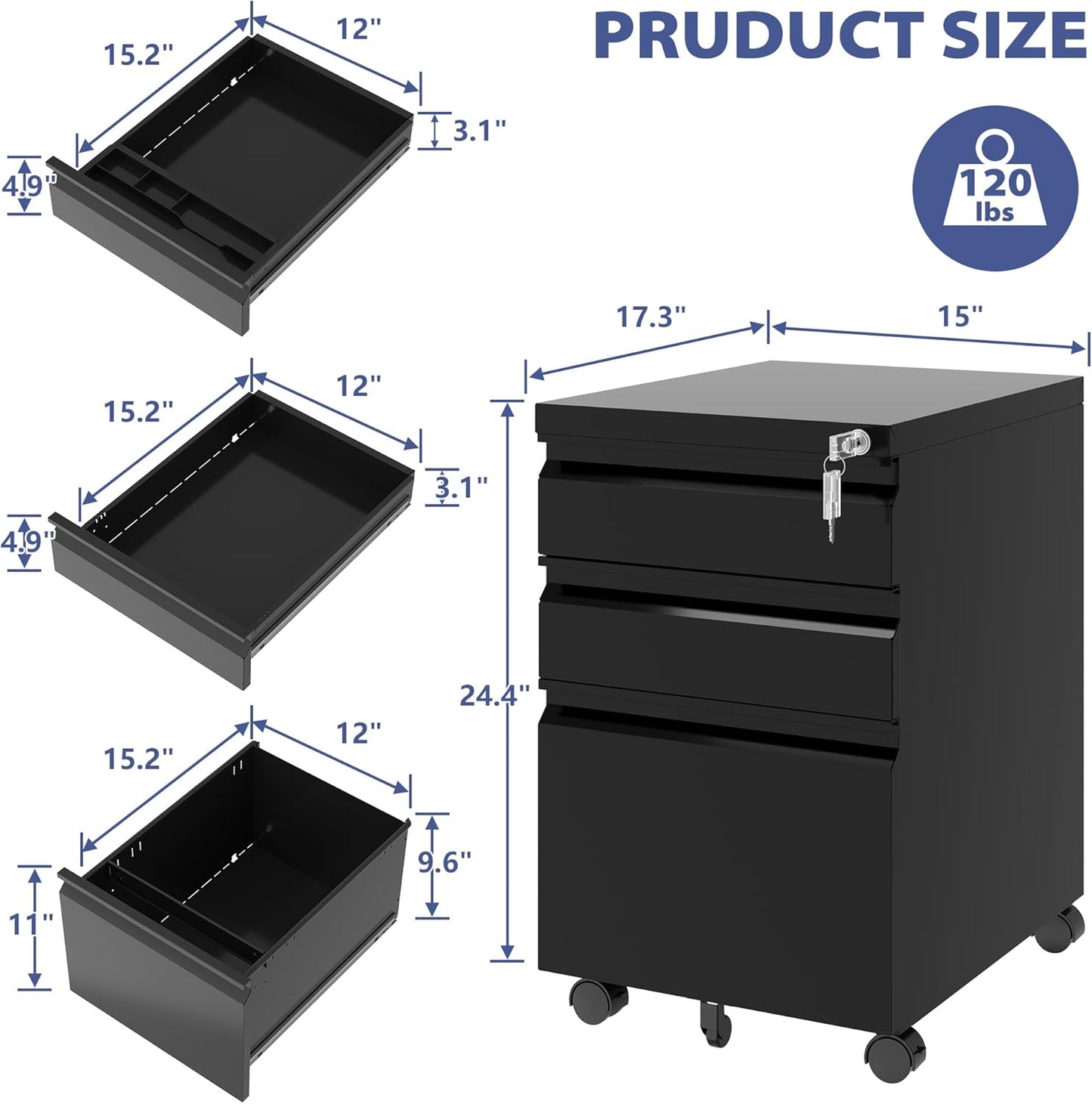 Rolling File Cabinet with Lock, 3 Drawer Metal Mobile Filing Cabinet Legal/Letter Size, Fully Assembled Except Casters, Black