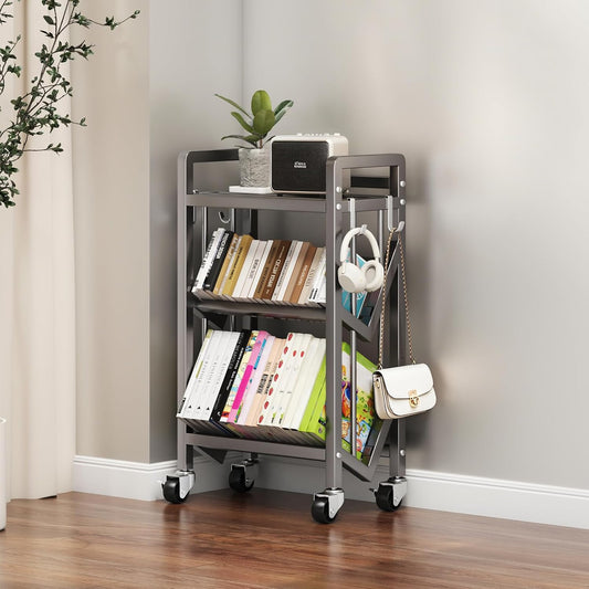 Bookshelf Movable Book Cart Multi-Layer Storage Rack Large-Capacity Rolling Cart L-Shaped Carbon Steel Shelf Suitable for Storing Books, Magazines, Newspapers, Shoes
