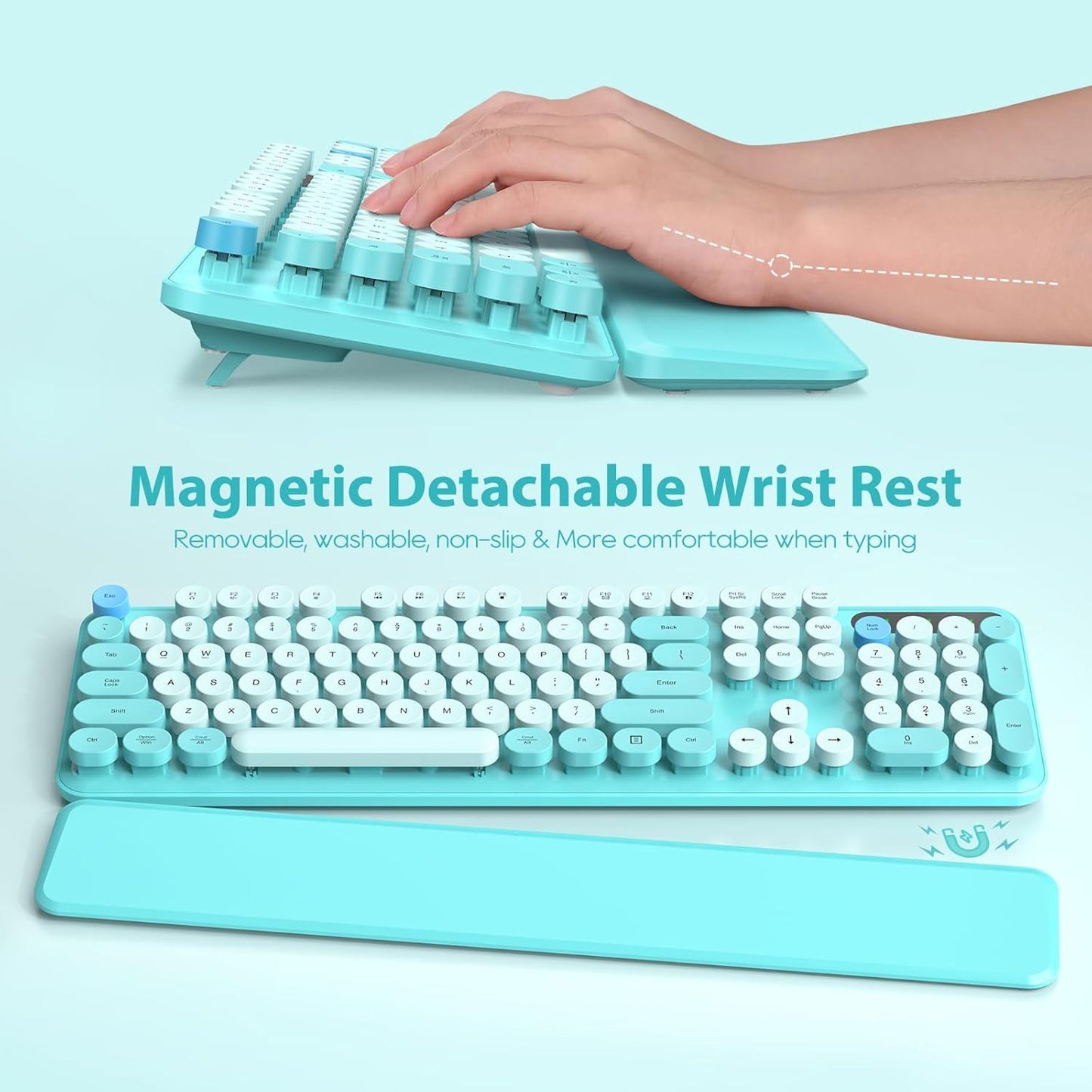 Wireless Keyboard and Mouse Combo, Full-Size Retro Typewriter Keyboard with Detachable Wrist Rest, Round Keycaps, Sleep Mode & Tilt Legs, 2.4GHz Cordless Connection for Windows/PC (Robin Egg Blue)