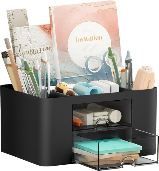 Marbrasse Pen Organizer with 2 Drawer, Multi-Functional Pencil Holder for Desk, Desk Organizers and Accessories with 5 Compartments + Drawer for Office Art Supplies (Black)