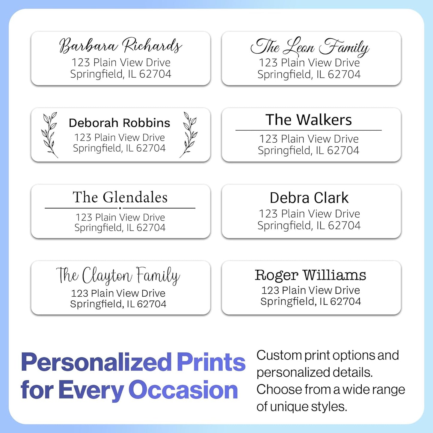 200 Personalized Address Labels - Glossy White Return Address Label 2.5" x 0.75'', Stylish Fonts for Envelopes & Packages, Customizable Labels for Home or Office Use