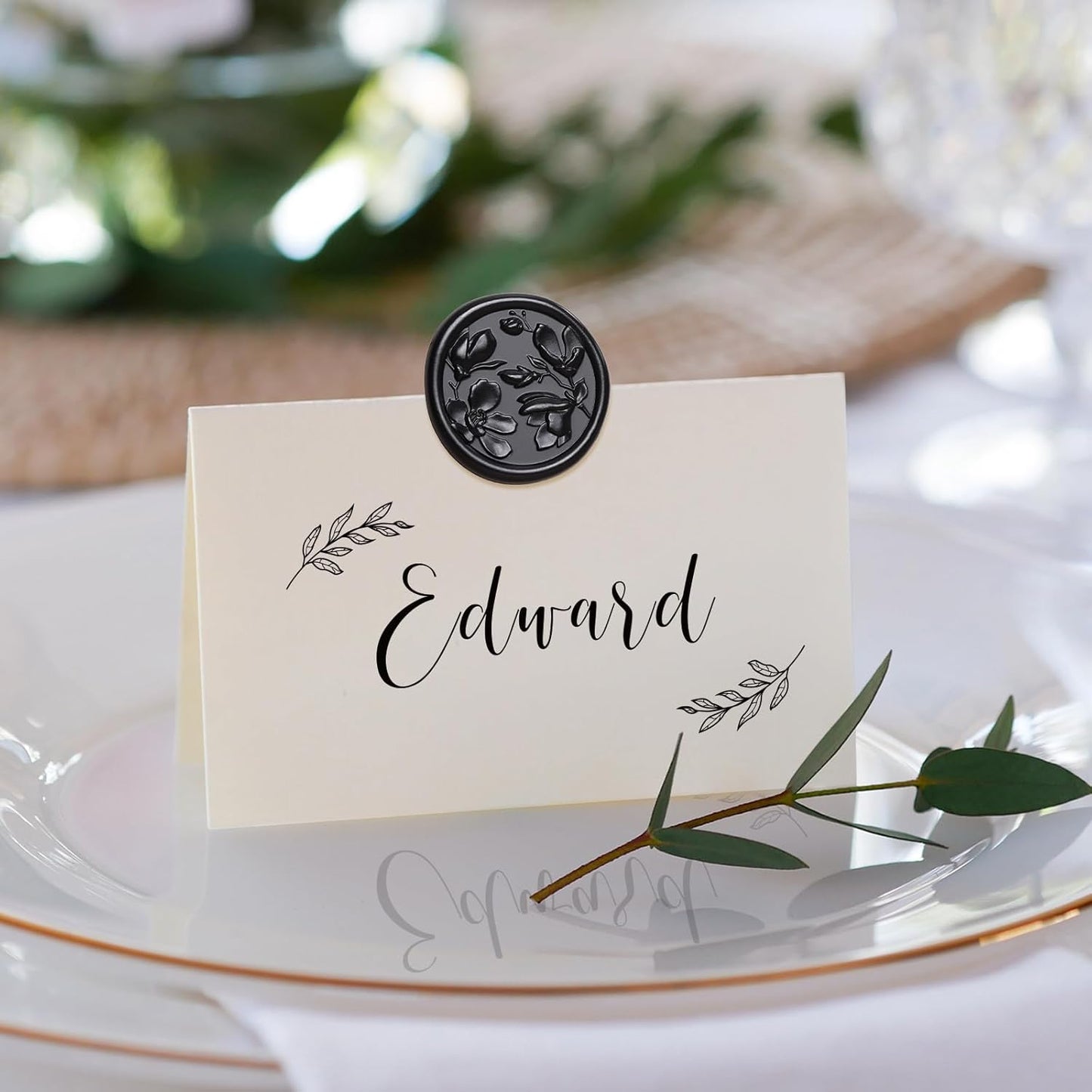 UNIQOOO Wax Seal Stickers - 3D Magnolia Wedding Invitation Envelope Botanical Seal Sticker, 50 Pcs Self- Adhesive Black Stickers, Perfect for Invitation, Christmas, Gift Wrapping, Party