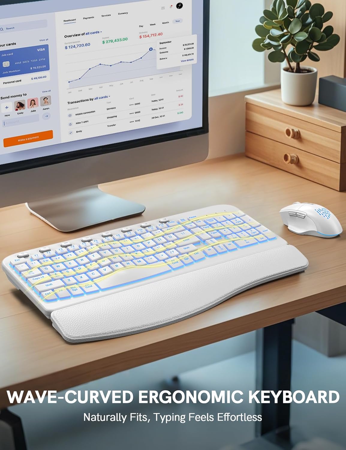 SABLUTE Ergonomic Wireless Keyboard and Mouse Combo - Wave Keyboard with Soft Leather Wrist Rest, Resistant Keys, RGB Backlit Rechargeable Set for PC/Mac/Chromebook (White)